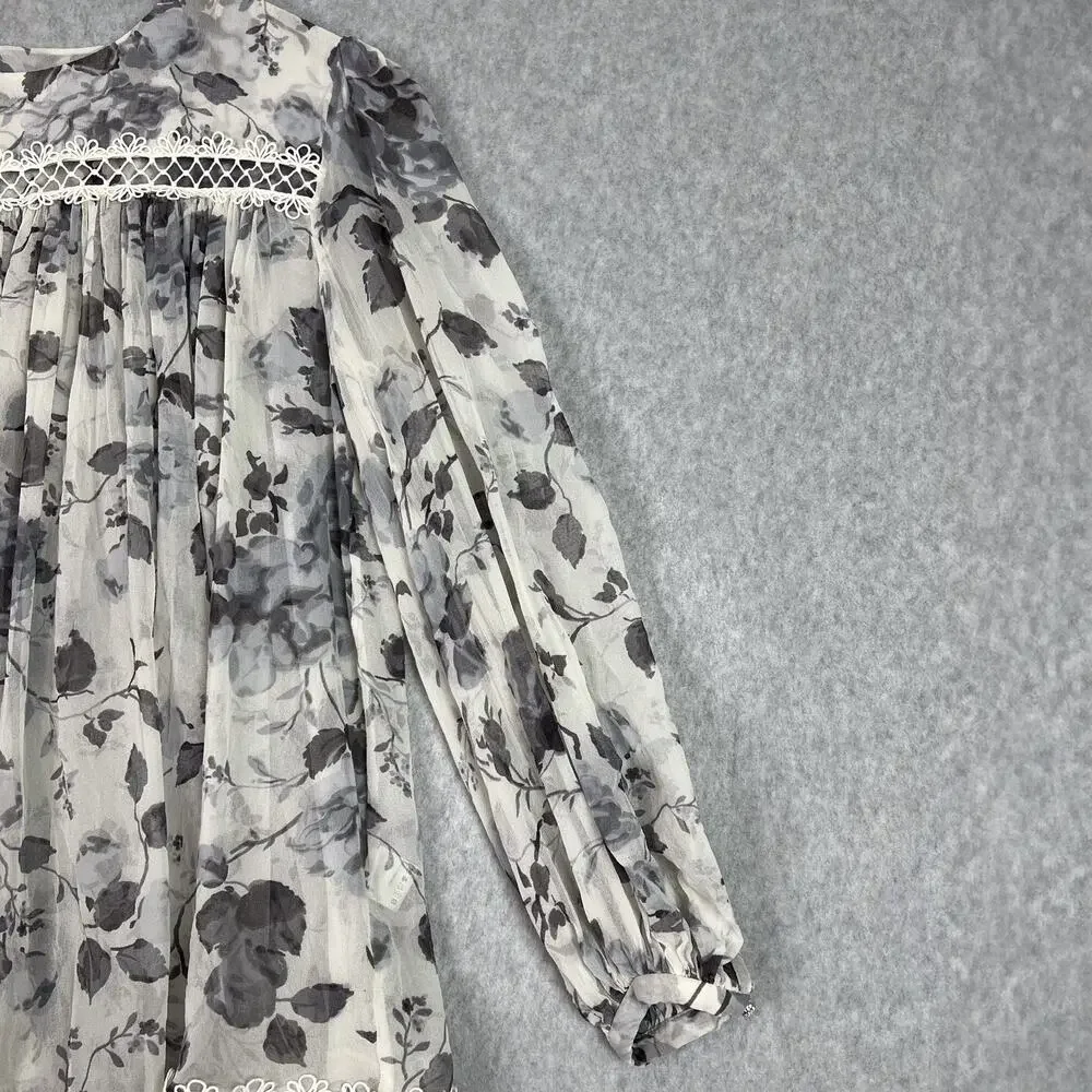 Zimmermann White Grey Floral Havoc Picot Silk Long Sleeve Blouse Size 3 - Picture 5 of 9